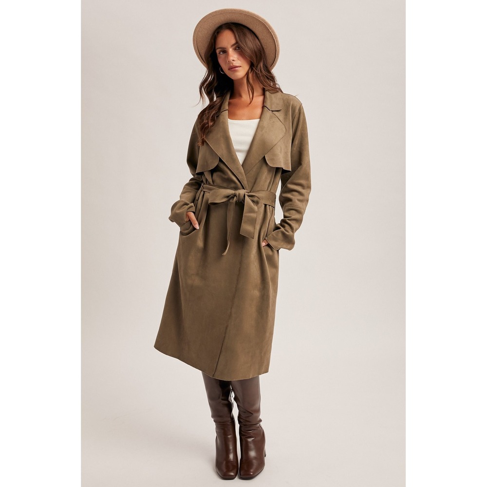 Hem & Thread Faux Suede Long Trench Coat Jacket Brown Olive Small NWT